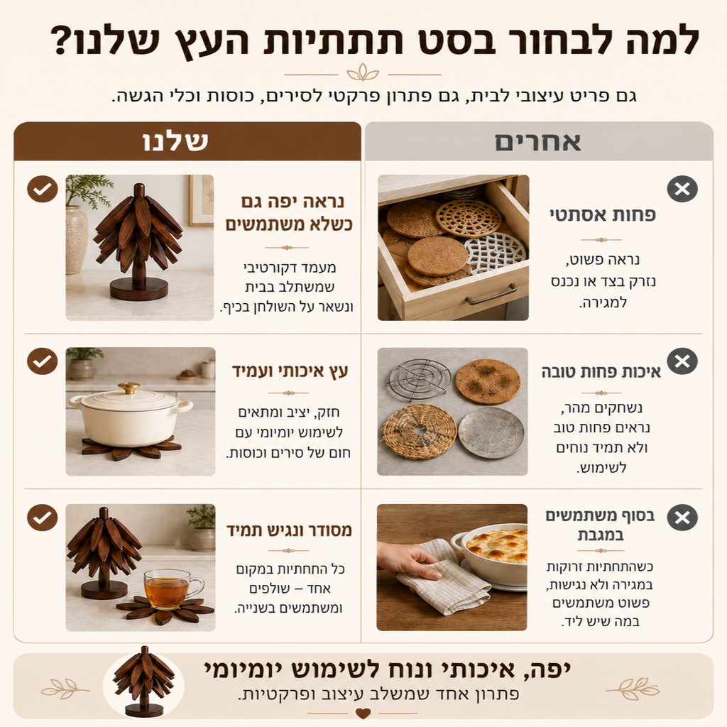סט תחתיות עץ אלגנטי לסירים, כוסות וכלי הגשה